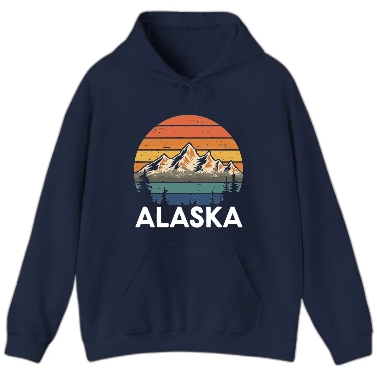 Retro Mountain Sunset Landscape Hoodie in Navy