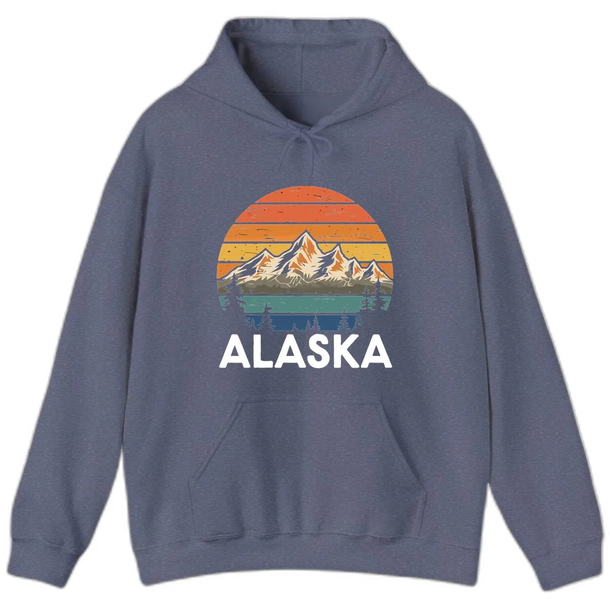 Retro Mountain Sunset Landscape Hoodie in Heather Navy
