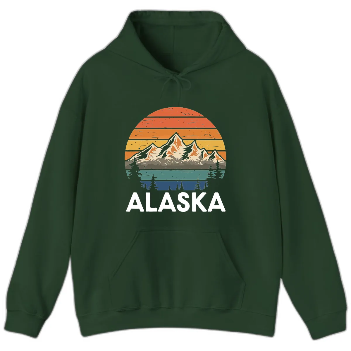 Retro Mountain Sunset Landscape Hoodie in Forest Green