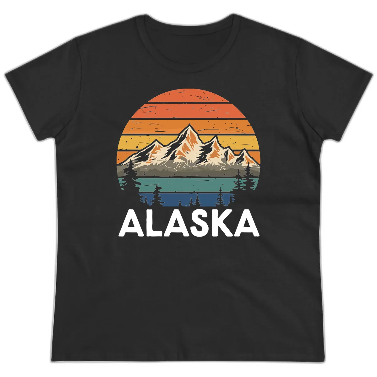 Retro Mountain Sunset Landscape Ladies Tee in Black
