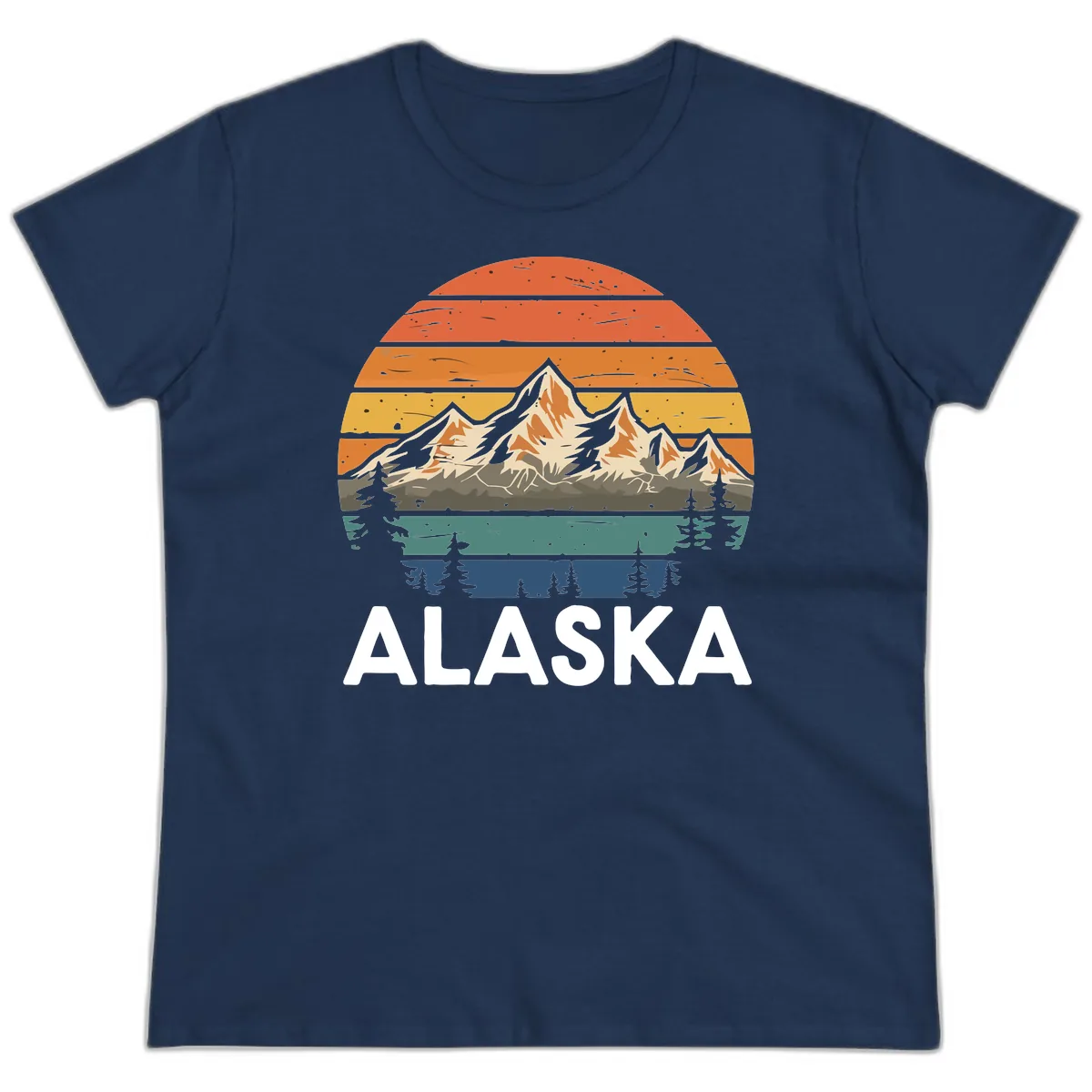 Retro Mountain Sunset Landscape Ladies Tee in Navy