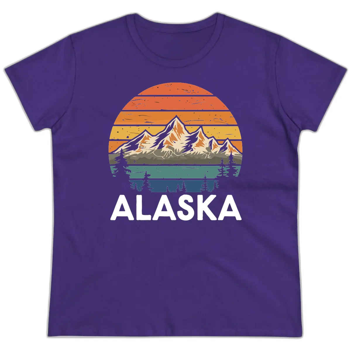 Retro Mountain Sunset Landscape Ladies Tee in Purple