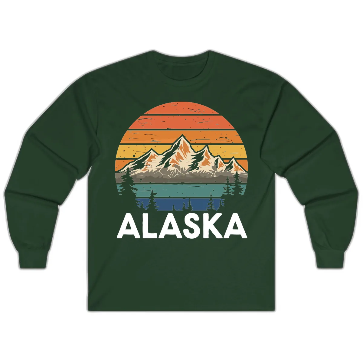 Retro Mountain Sunset Landscape Long Sleeve in Forest Green