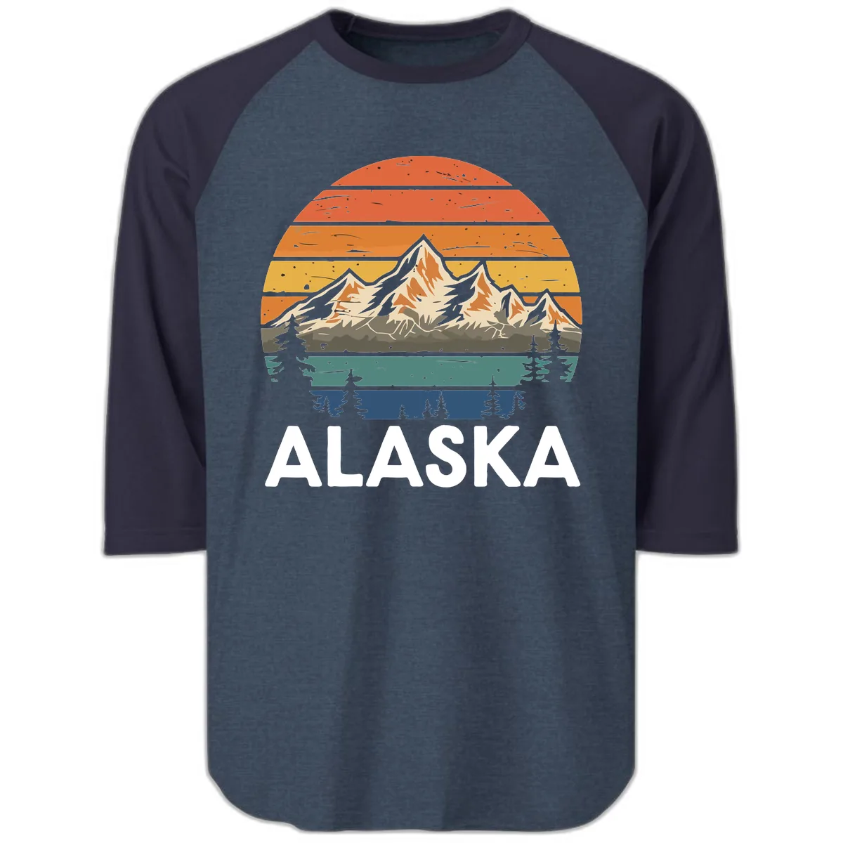 Retro Mountain Sunset Landscape Raglan 3/4 in Heather Denim Navy
