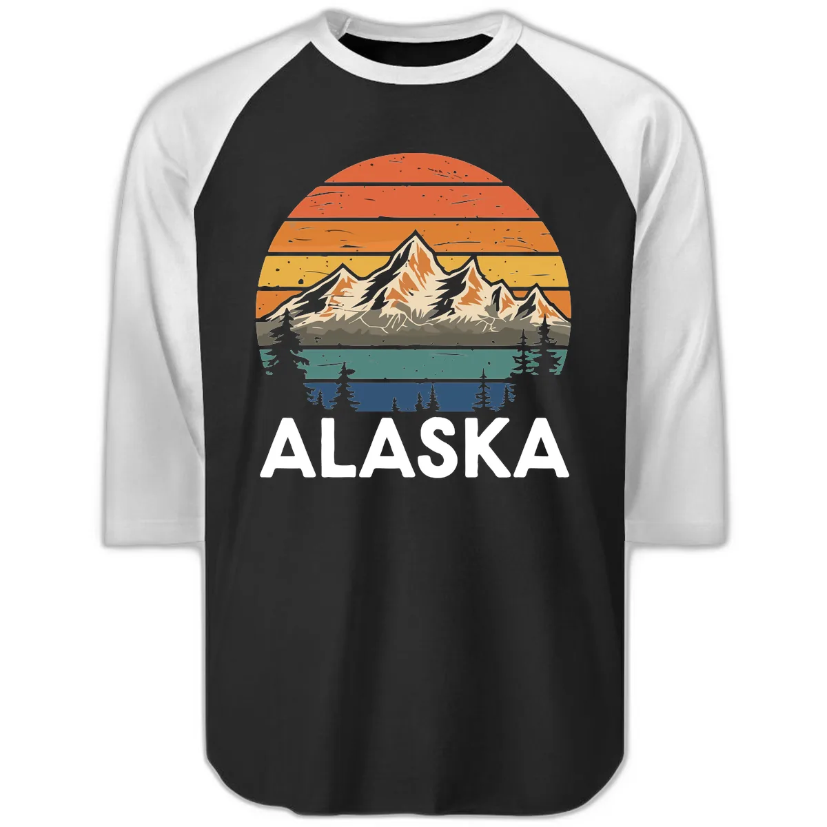 Retro Mountain Sunset Landscape Raglan 3/4 in Black White