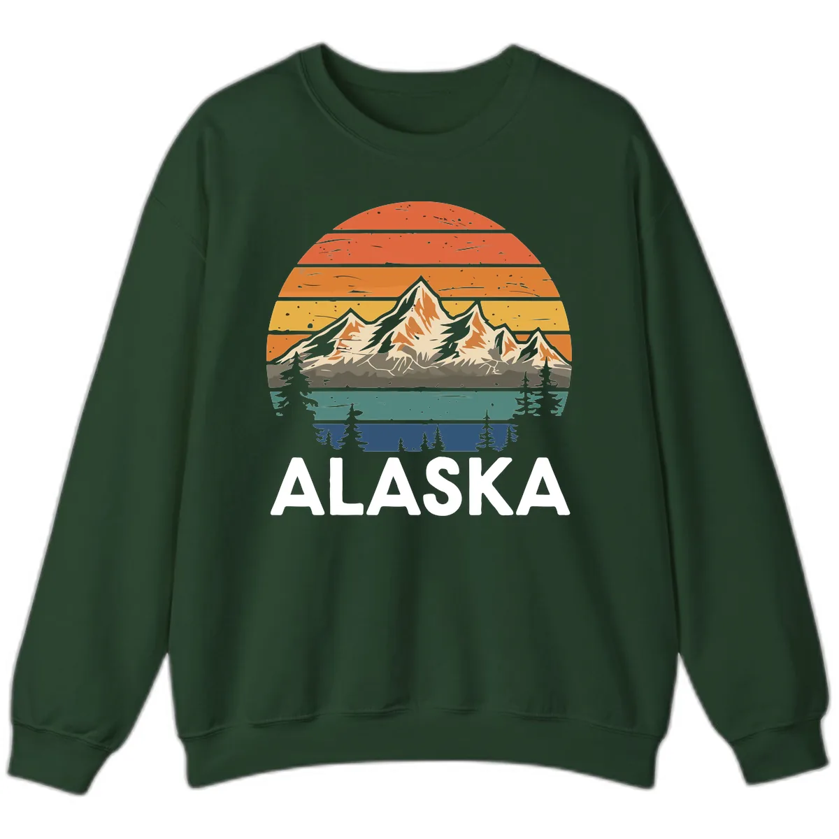 Retro Mountain Sunset Landscape Sweatshirt in Forest Green