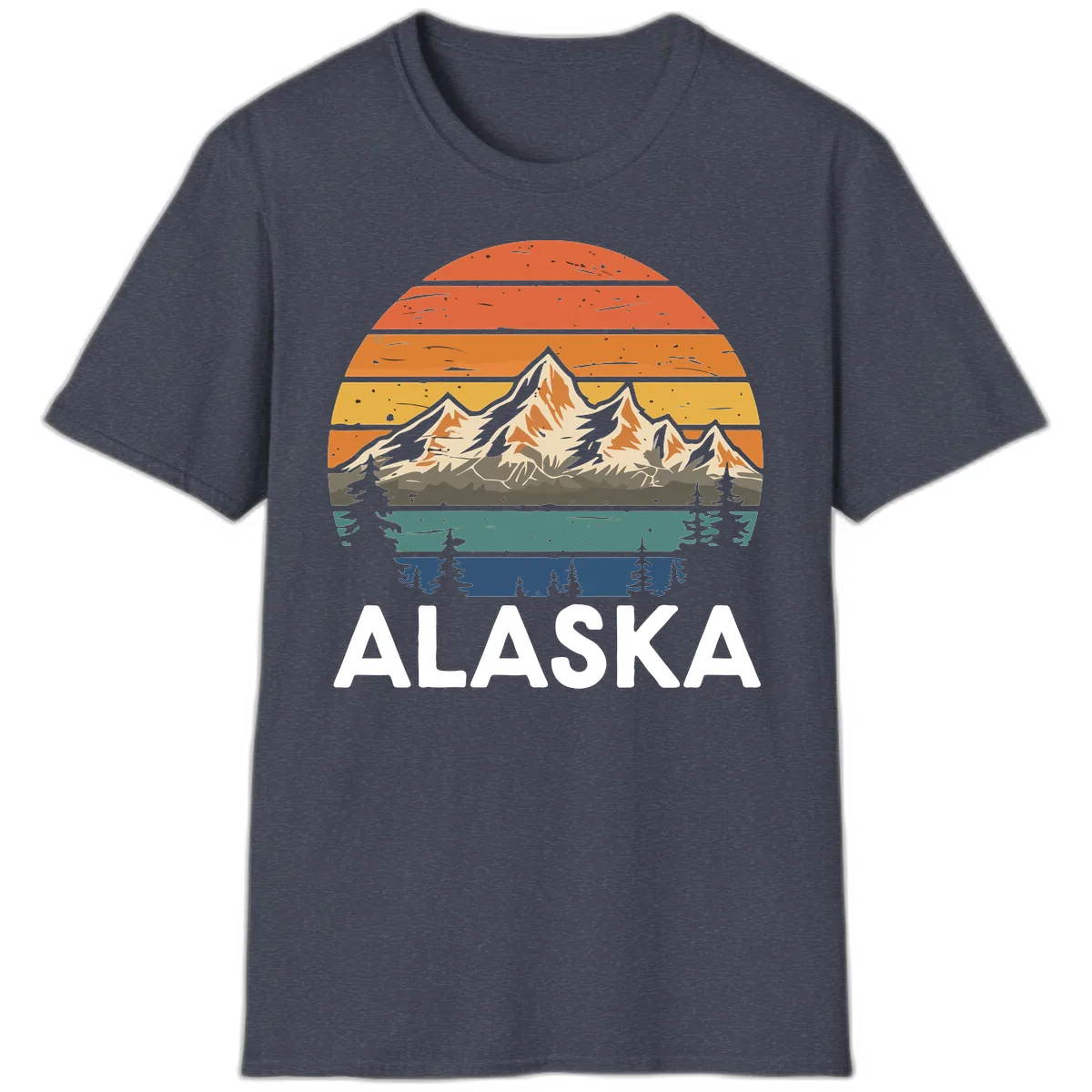 Retro Mountain Sunset Landscape T-Shirt in Heather Navy