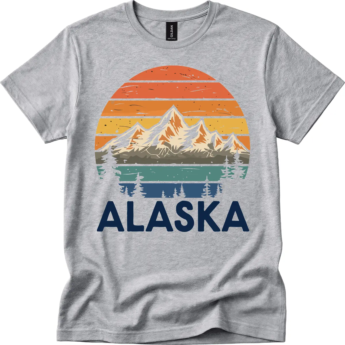 Retro Mountain Sunset Landscape T-Shirt in Sport Grey