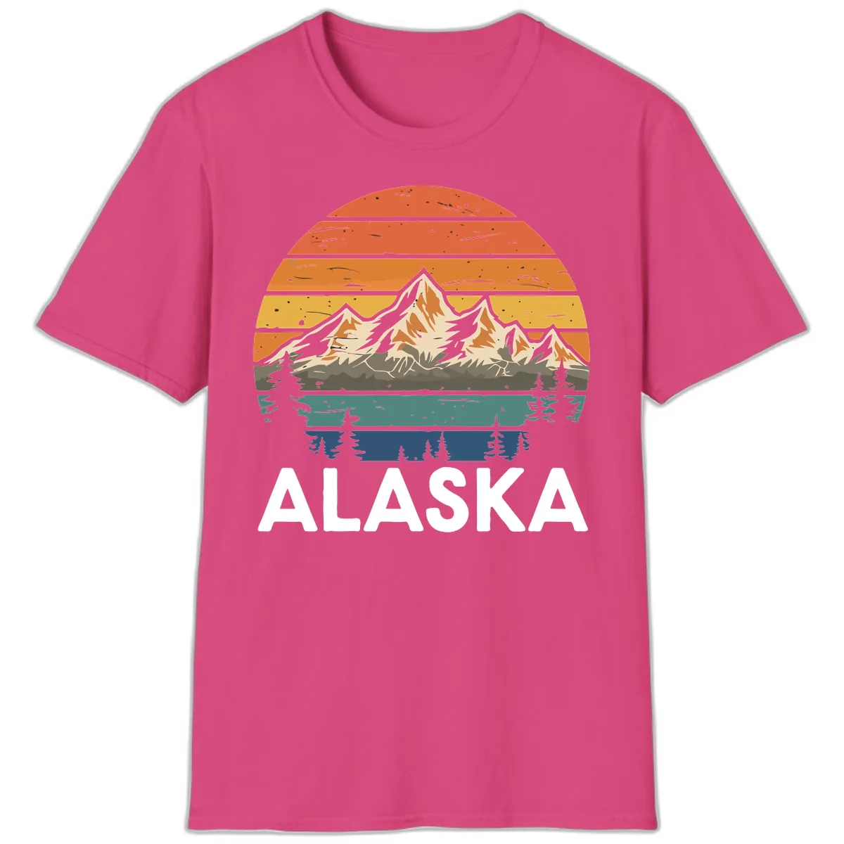 Retro Mountain Sunset Landscape T-Shirt in Heliconia
