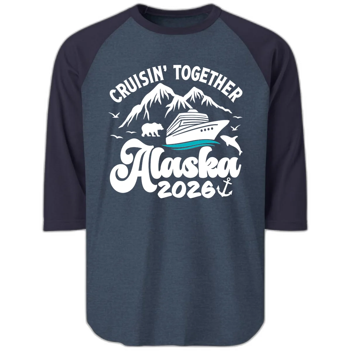 Minimalist Ocean Waves Raglan 3/4 in Heather Denim Navy