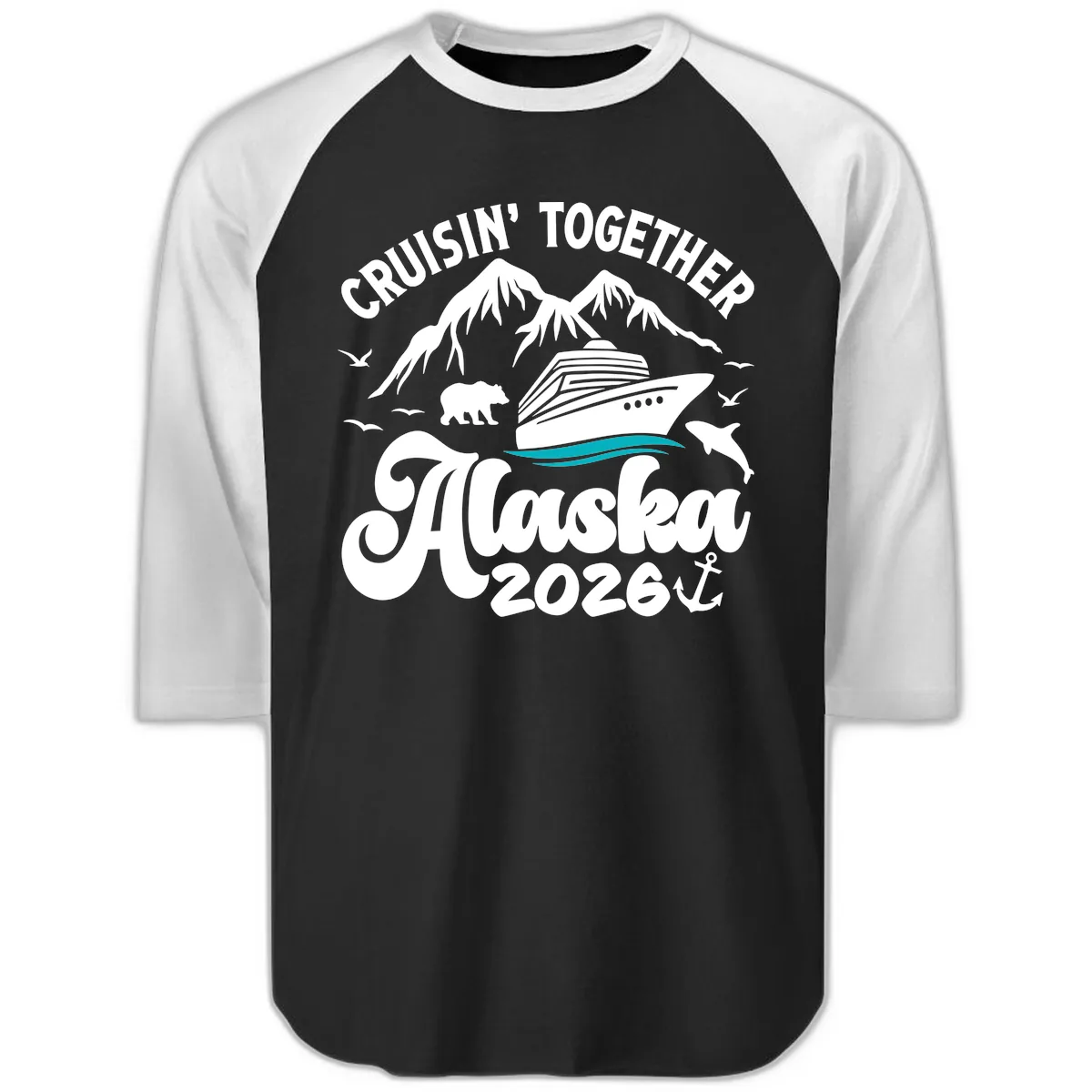 Minimalist Ocean Waves Raglan 3/4 in Black White