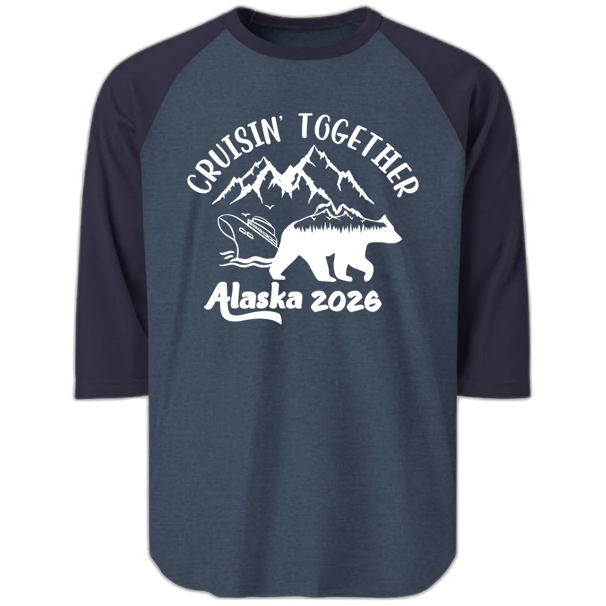 Cruisin' Together Alaska 2026 Raglan 3/4 in Heather Denim Navy