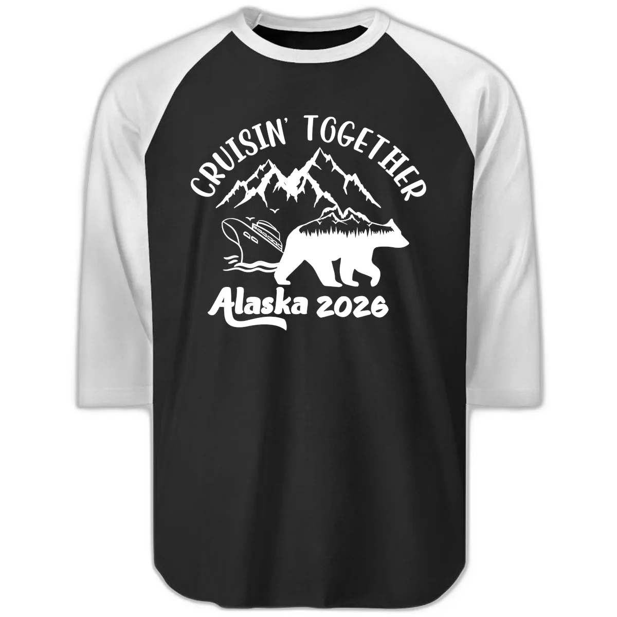 Cruisin' Together Alaska 2026 Raglan 3/4 in Black White