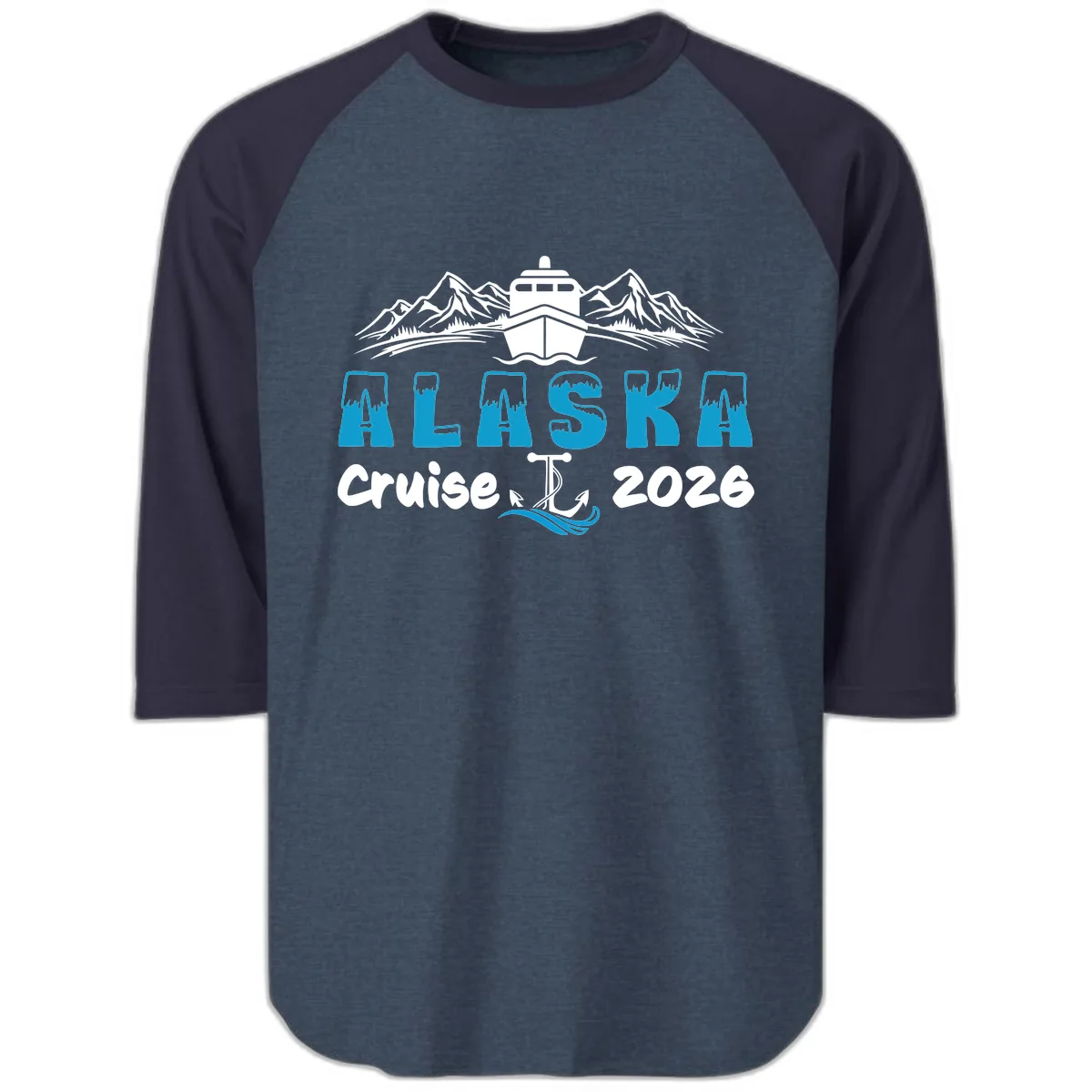Alaska Cruise Typography Design Raglan 3/4 in Heather Denim Navy