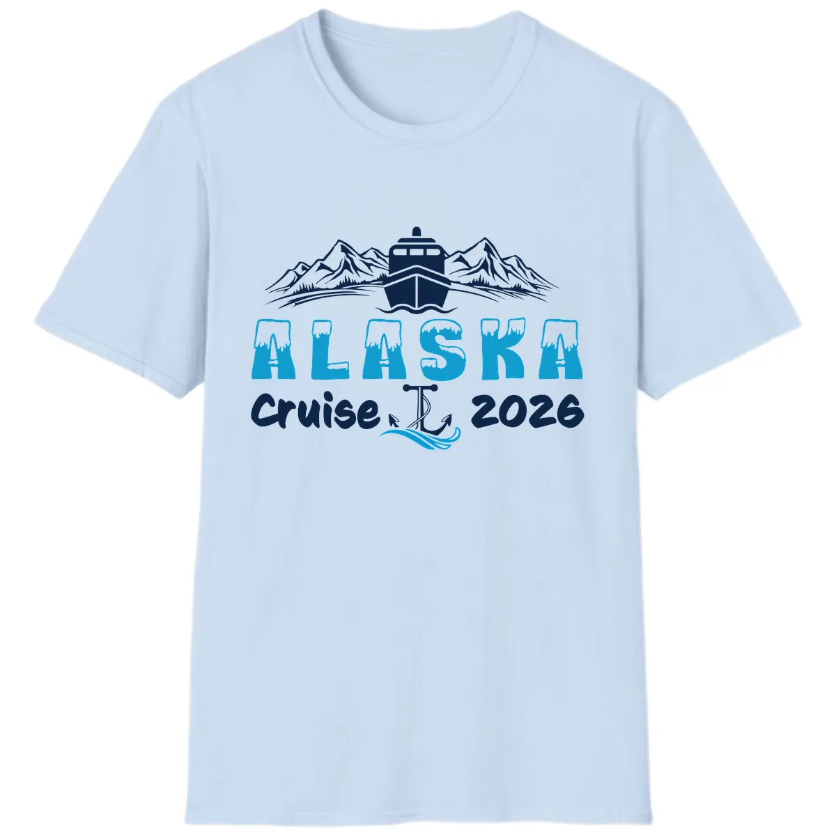 Alaska Cruise Typography Design T-Shirt in Light Blue