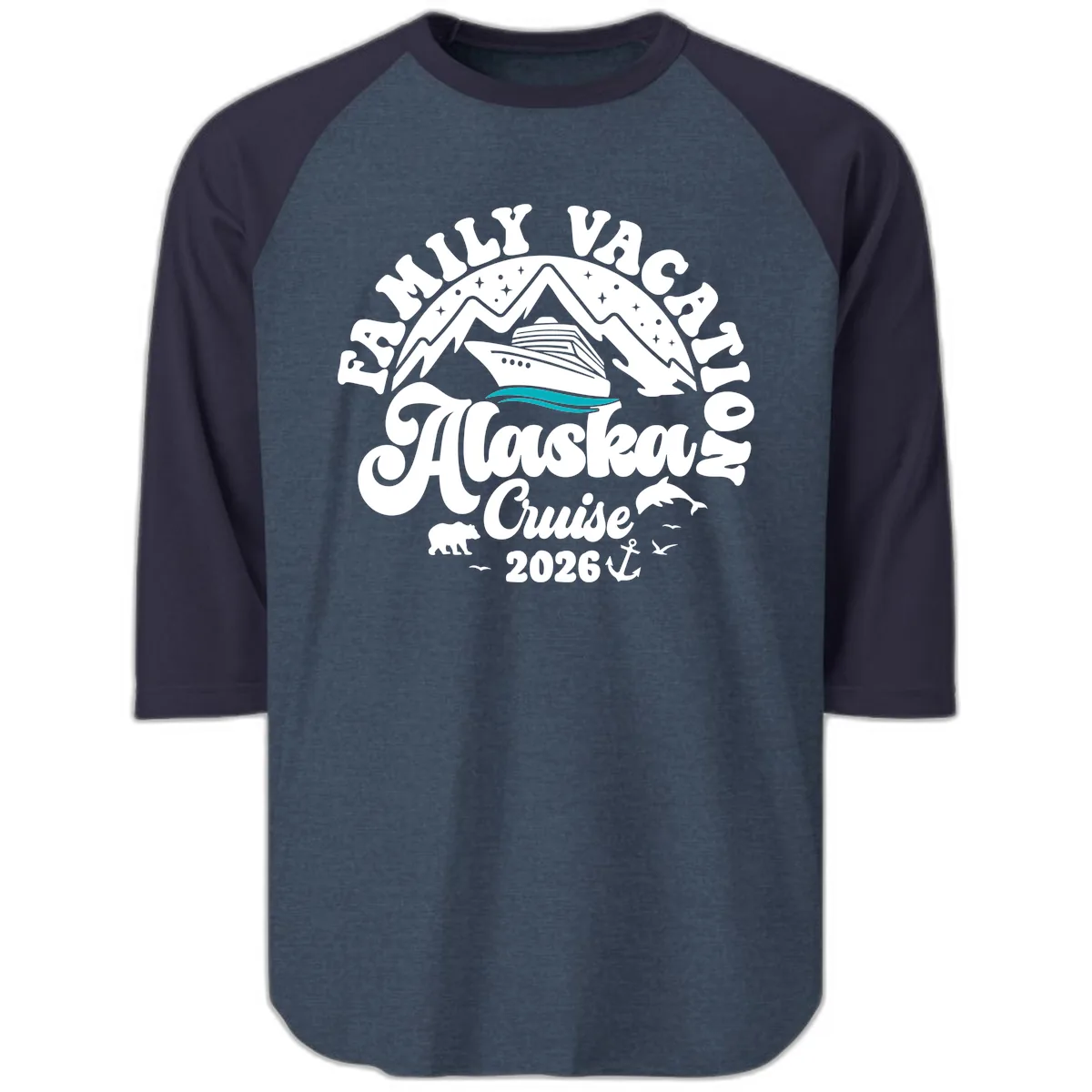 Minimalist Alaska Water Waves Raglan 3/4 in Heather Denim Navy