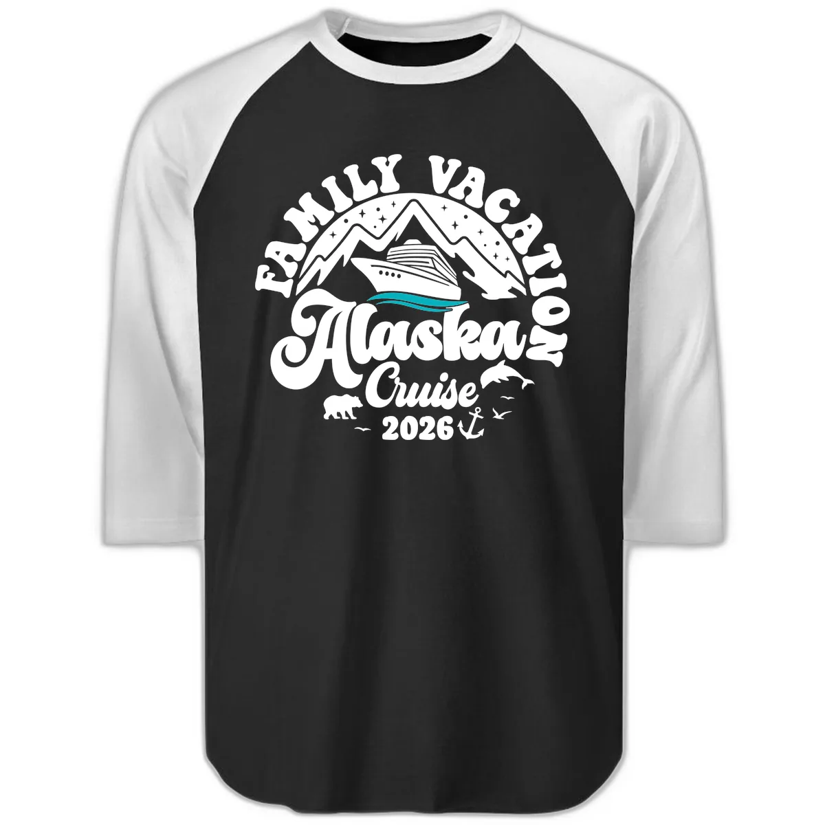 Minimalist Alaska Water Waves Raglan 3/4 in Black White