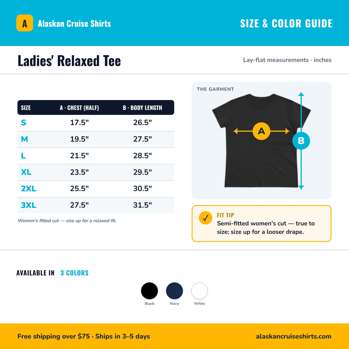 Ladies Tee size & color guide