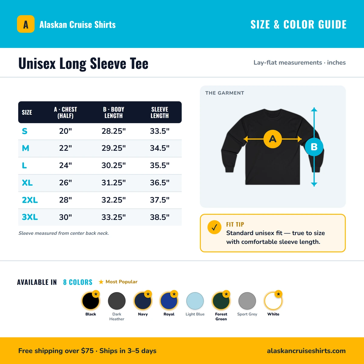 Long Sleeve size & color guide