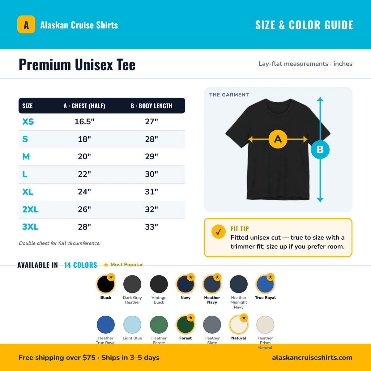 Premium T-Shirt size & color guide