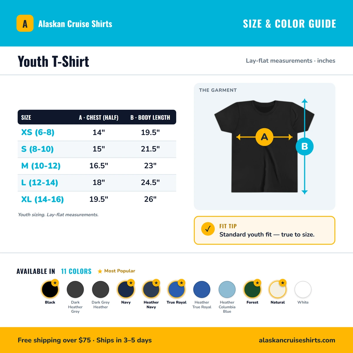 Youth T-Shirt size & color guide
