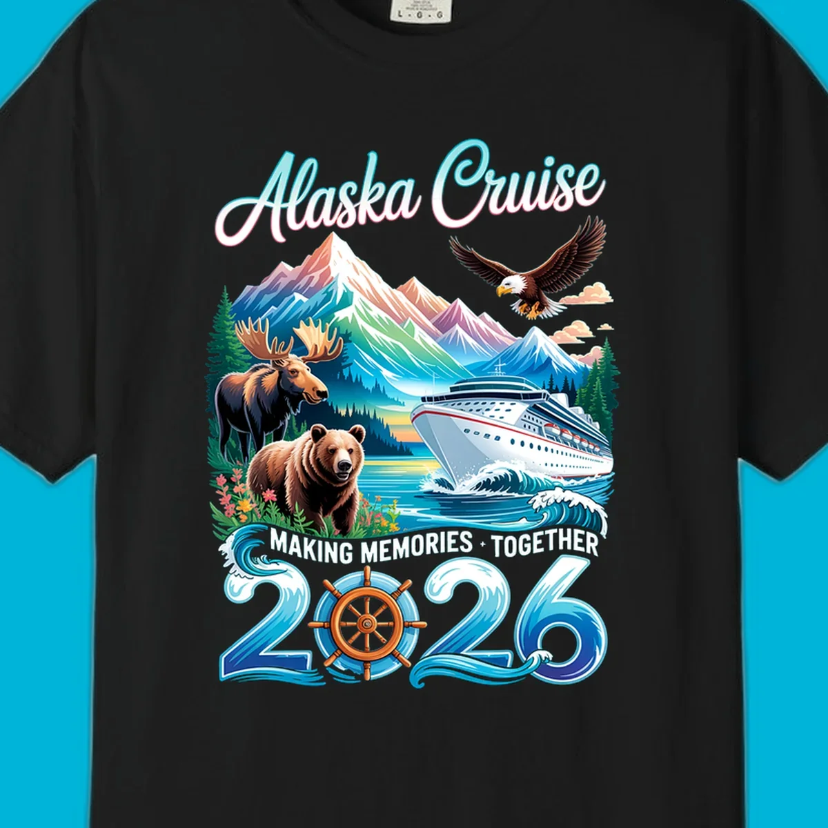 An illustrated design for an Alaska 2026 cruise, featuring a ship, mountains, moose, bear, and an eagle.