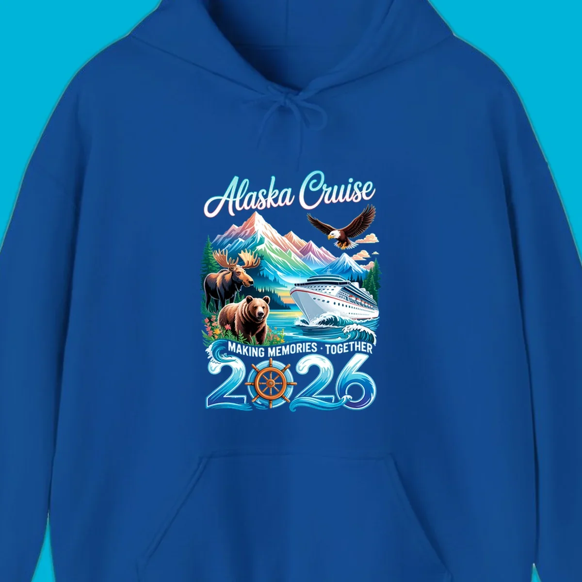 An illustrated design for an Alaska 2026 cruise, featuring a ship, mountains, moose, bear, and an eagle.