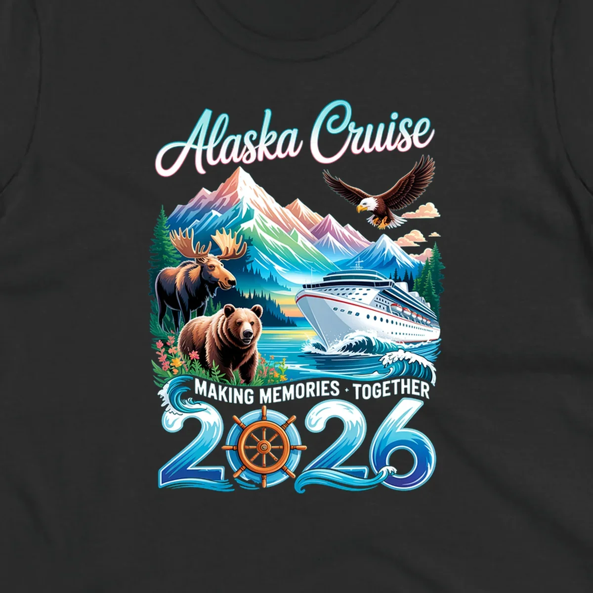 An illustrated design for an Alaska 2026 cruise, featuring a ship, mountains, moose, bear, and an eagle.