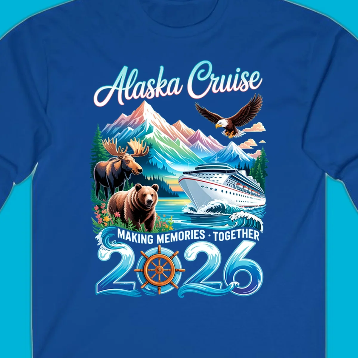An illustrated design for an Alaska 2026 cruise, featuring a ship, mountains, moose, bear, and an eagle.