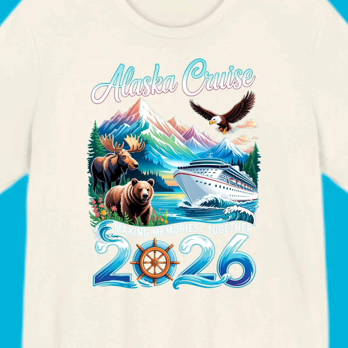 An illustrated design for an Alaska 2026 cruise, featuring a ship, mountains, moose, bear, and an eagle.