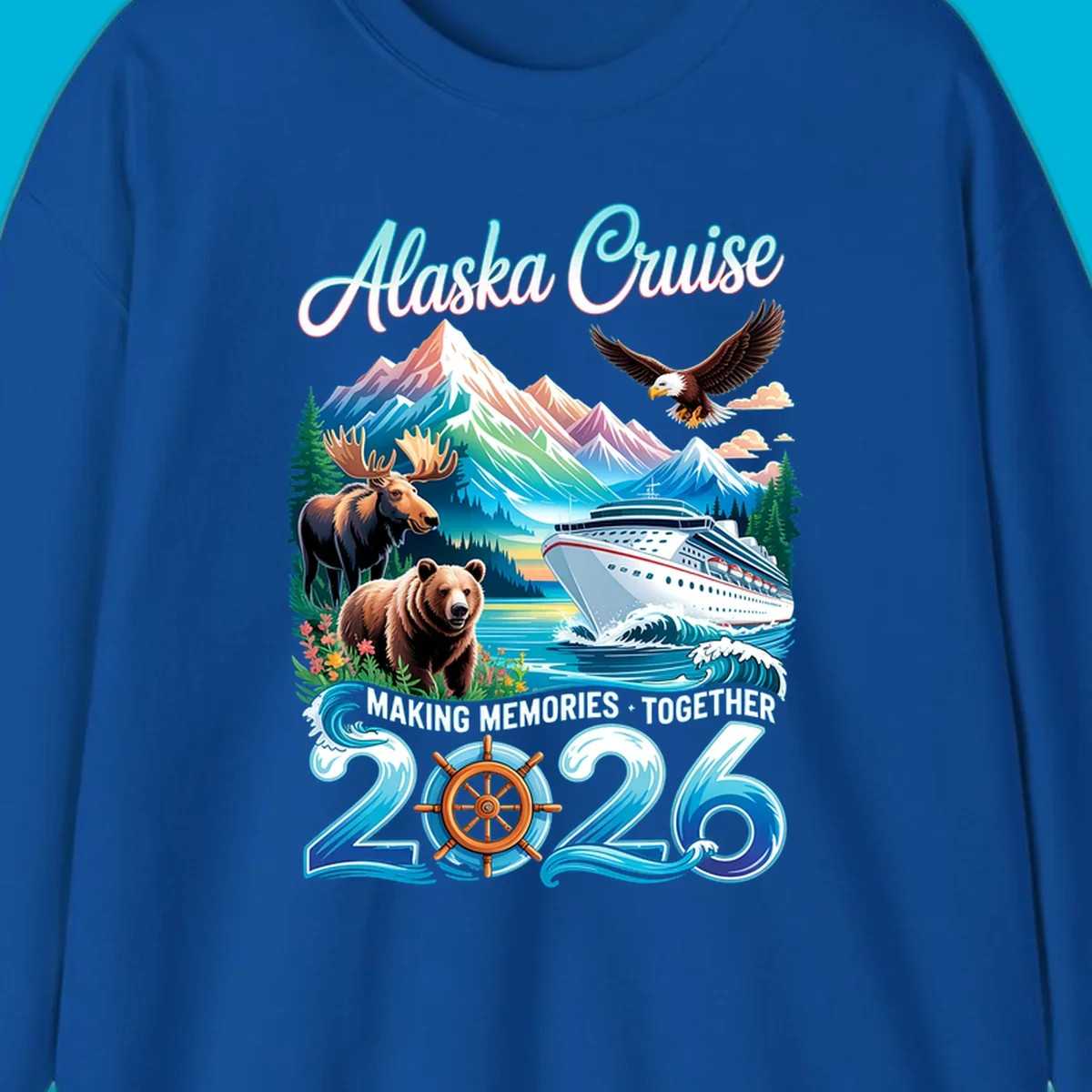 An illustrated design for an Alaska 2026 cruise, featuring a ship, mountains, moose, bear, and an eagle.