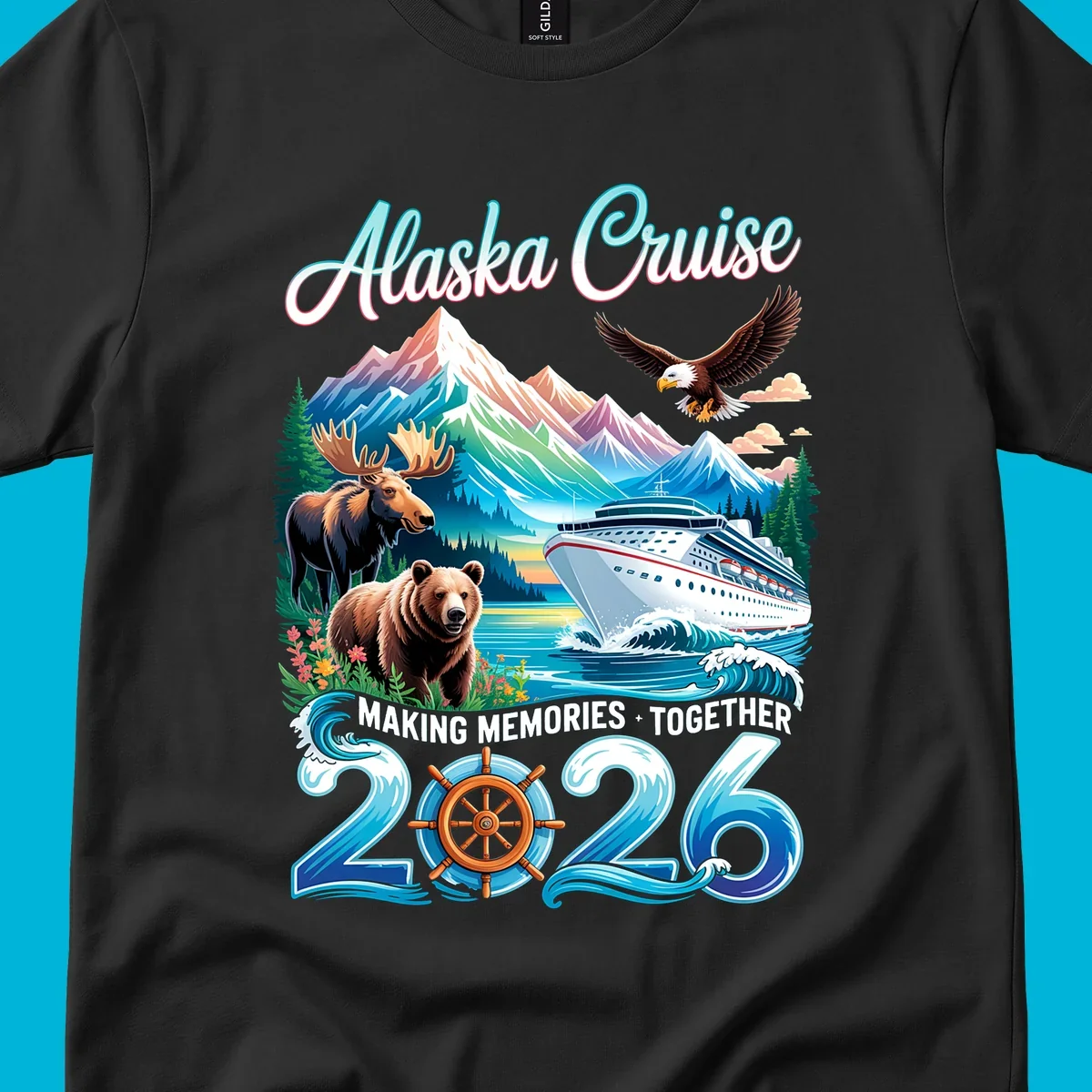 An illustrated design for an Alaska 2026 cruise, featuring a ship, mountains, moose, bear, and an eagle.