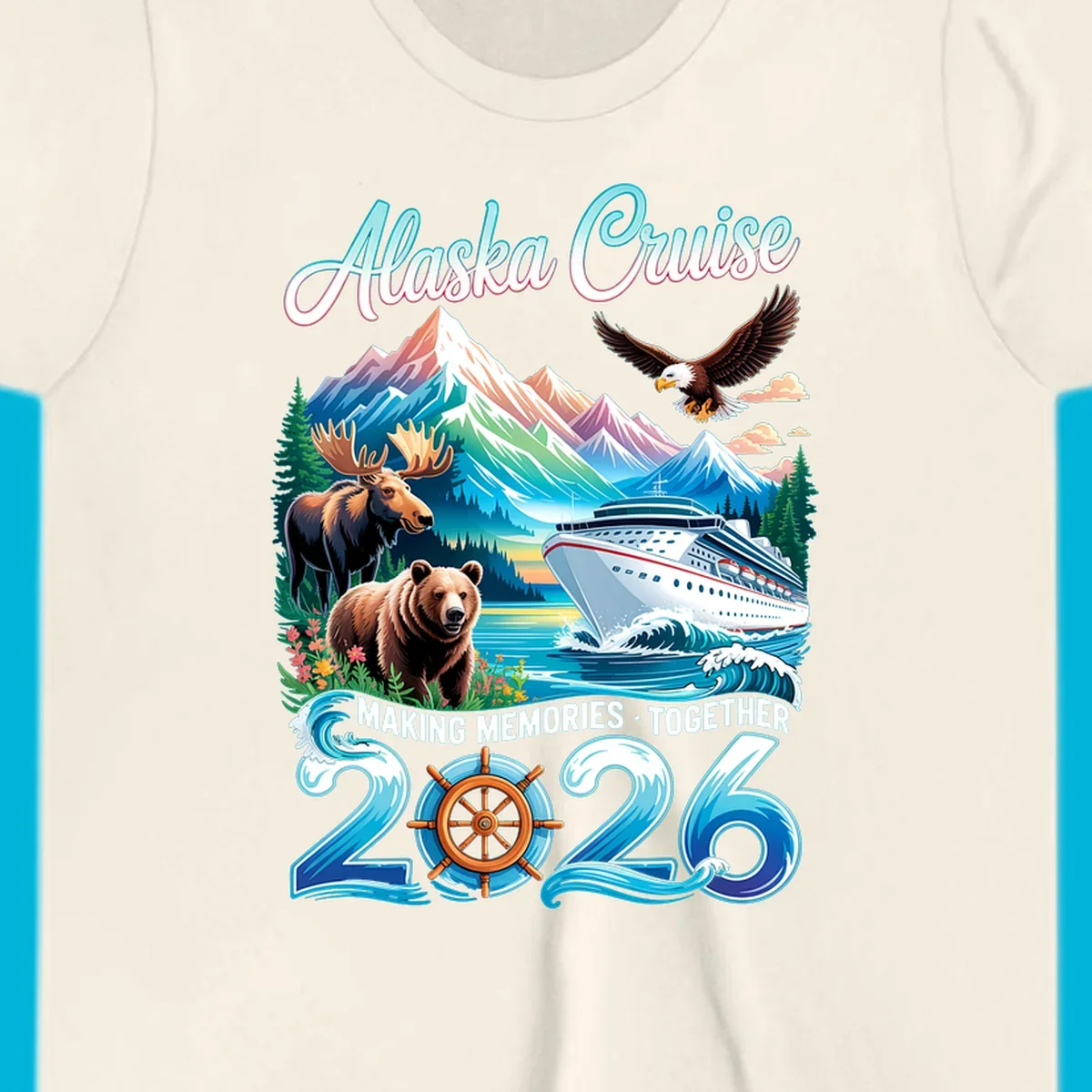 An illustrated design for an Alaska 2026 cruise, featuring a ship, mountains, moose, bear, and an eagle.