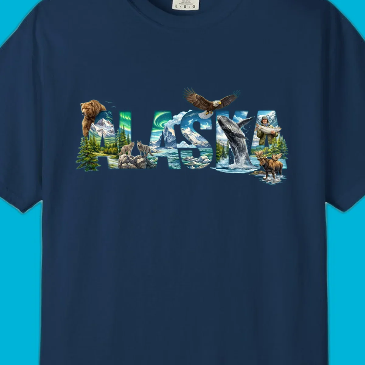 An illustrated text design spelling "ALASKA" with images of a grizzly, mountains, northern lights, wolves, ocean, bald eagle, whale, fisherman, and moose. This alaska-wildlife-scenic-text design captures the state's natural beauty.