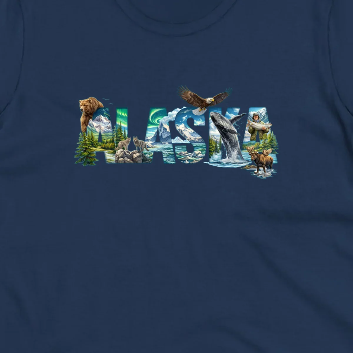 An illustrated text design spelling "ALASKA" with images of a grizzly, mountains, northern lights, wolves, ocean, bald eagle, whale, fisherman, and moose. This alaska-wildlife-scenic-text design captures the state's natural beauty.