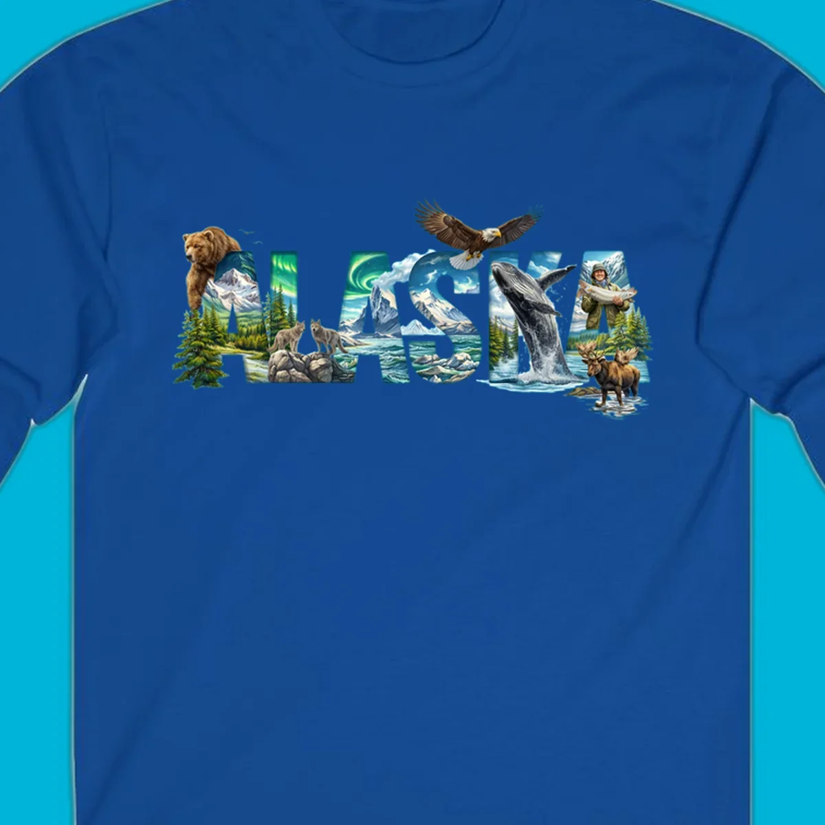 An illustrated text design spelling "ALASKA" with images of a grizzly, mountains, northern lights, wolves, ocean, bald eagle, whale, fisherman, and moose. This alaska-wildlife-scenic-text design captures the state's natural beauty.
