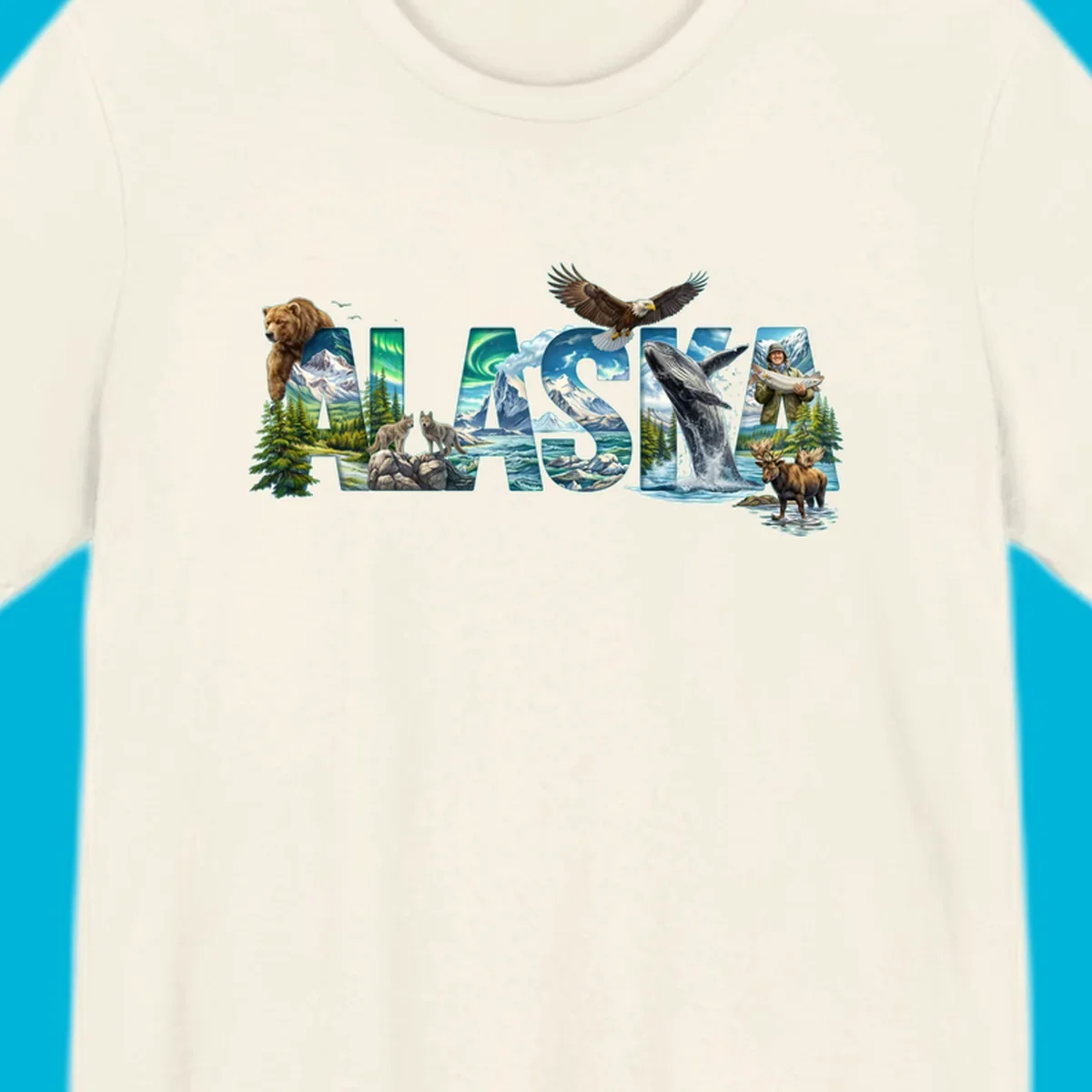 An illustrated text design spelling "ALASKA" with images of a grizzly, mountains, northern lights, wolves, ocean, bald eagle, whale, fisherman, and moose. This alaska-wildlife-scenic-text design captures the state's natural beauty.