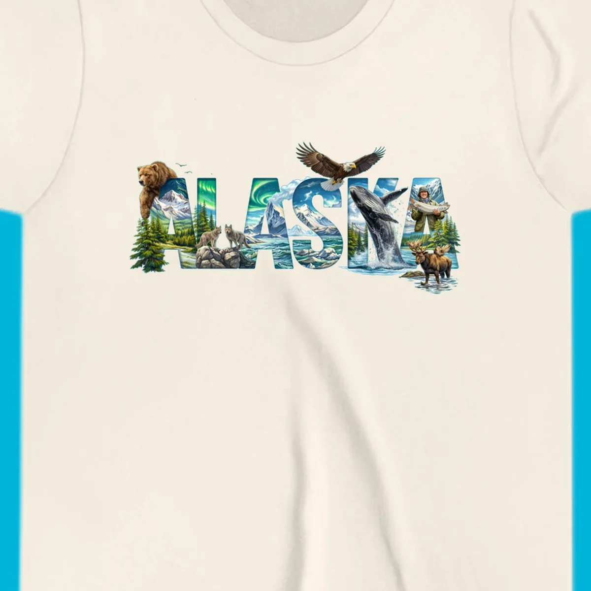 An illustrated text design spelling "ALASKA" with images of a grizzly, mountains, northern lights, wolves, ocean, bald eagle, whale, fisherman, and moose. This alaska-wildlife-scenic-text design captures the state's natural beauty.