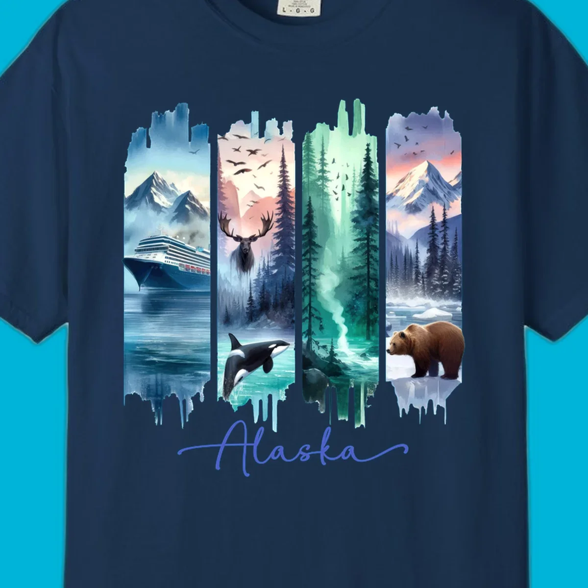 Four panel alaska four panel scenes design featuring a ship, moose, orca, forest, bear, and mountains, with 'Alaska' text.
