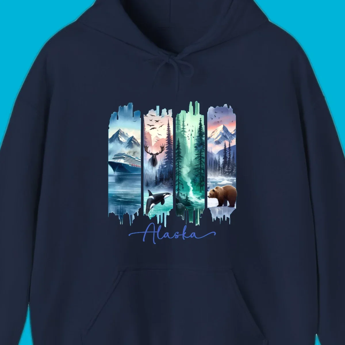 Four panel alaska four panel scenes design featuring a ship, moose, orca, forest, bear, and mountains, with 'Alaska' text.