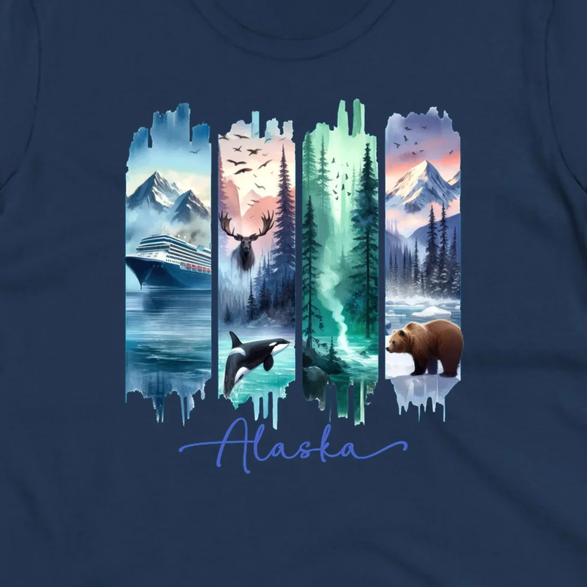 Four panel alaska four panel scenes design featuring a ship, moose, orca, forest, bear, and mountains, with 'Alaska' text.