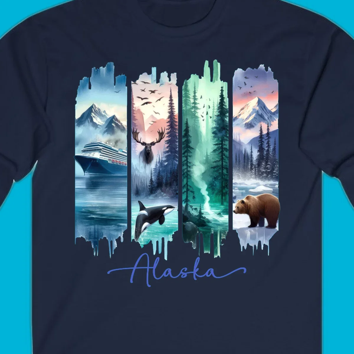 Four panel alaska four panel scenes design featuring a ship, moose, orca, forest, bear, and mountains, with 'Alaska' text.