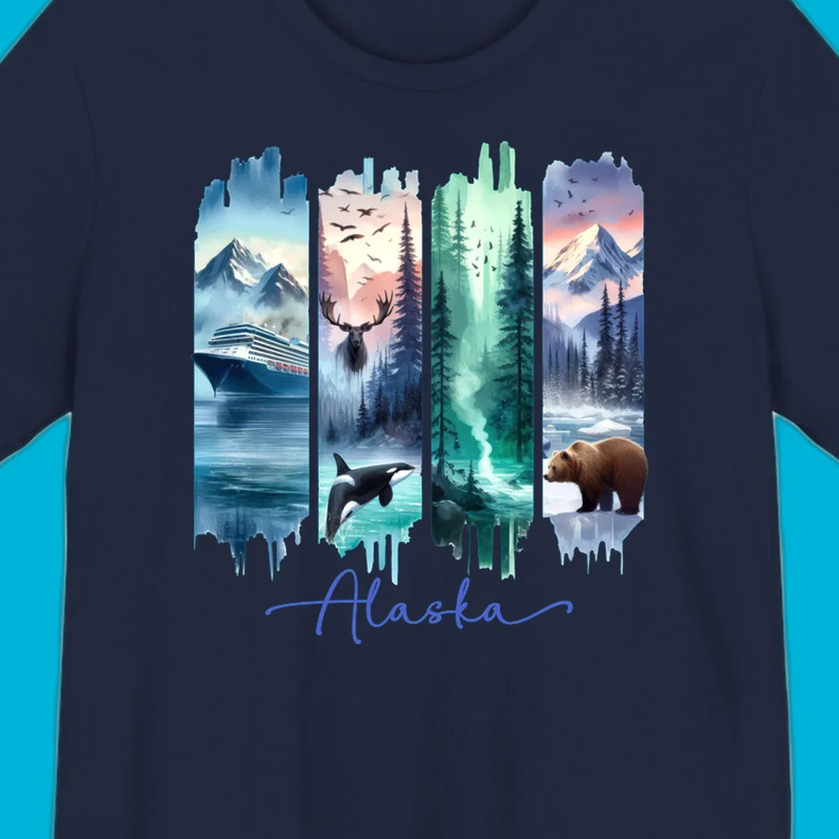 Four panel alaska four panel scenes design featuring a ship, moose, orca, forest, bear, and mountains, with 'Alaska' text.