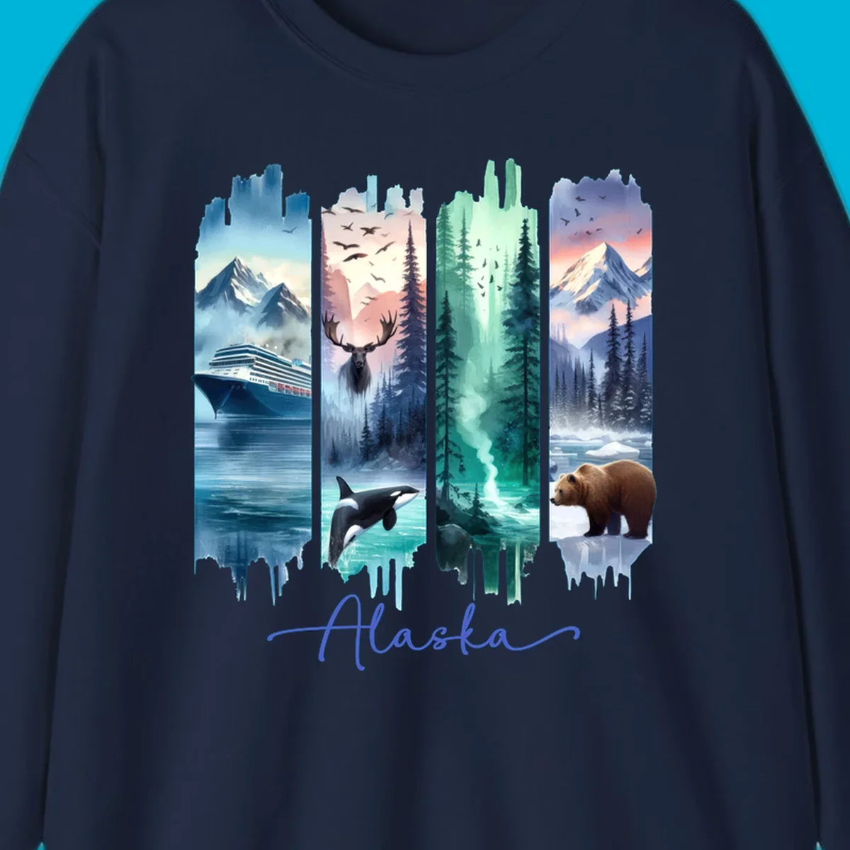 Four panel alaska four panel scenes design featuring a ship, moose, orca, forest, bear, and mountains, with 'Alaska' text.