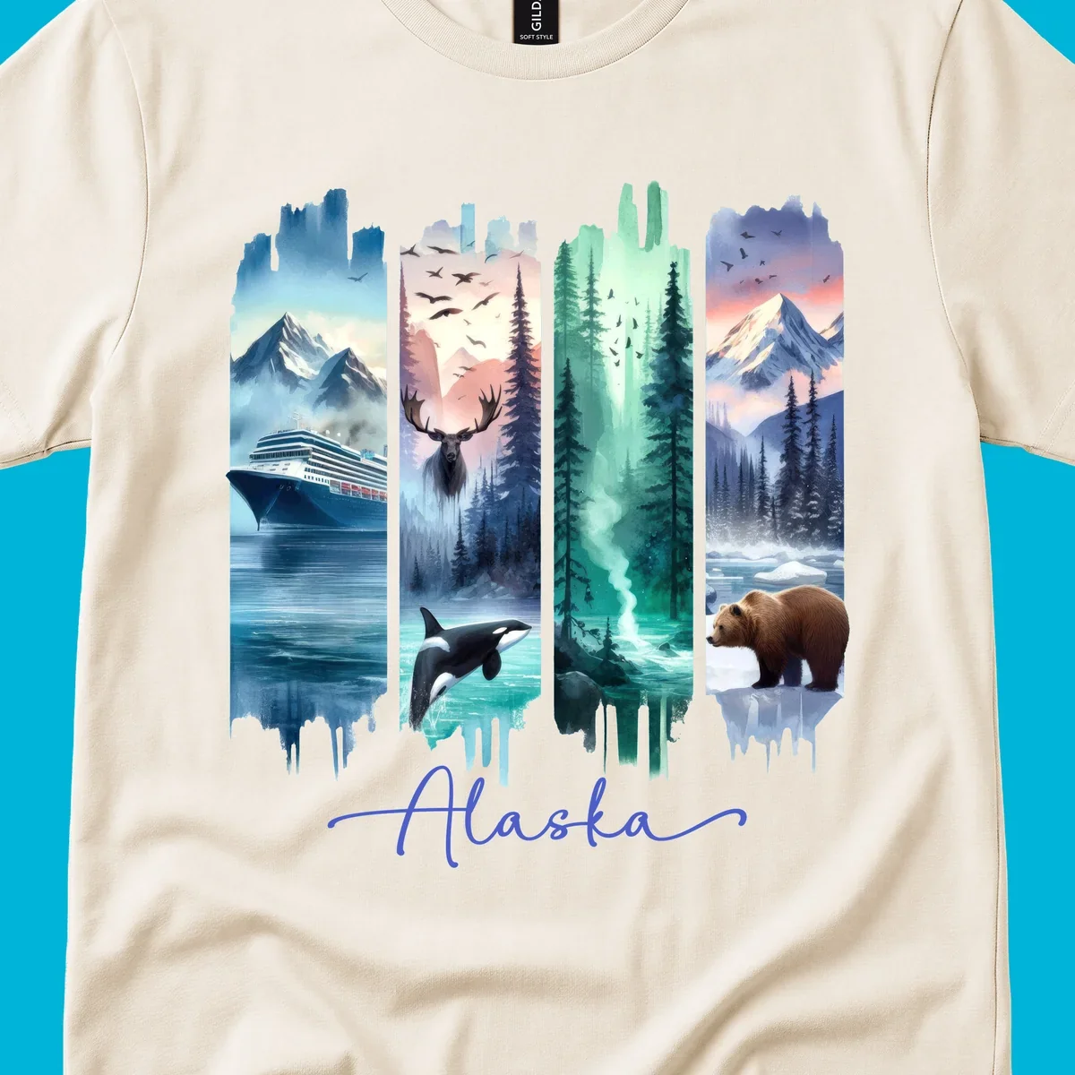Four panel alaska four panel scenes design featuring a ship, moose, orca, forest, bear, and mountains, with 'Alaska' text.