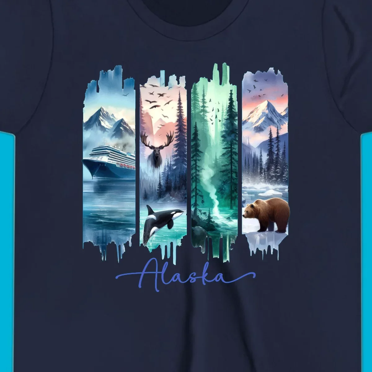 Four panel alaska four panel scenes design featuring a ship, moose, orca, forest, bear, and mountains, with 'Alaska' text.