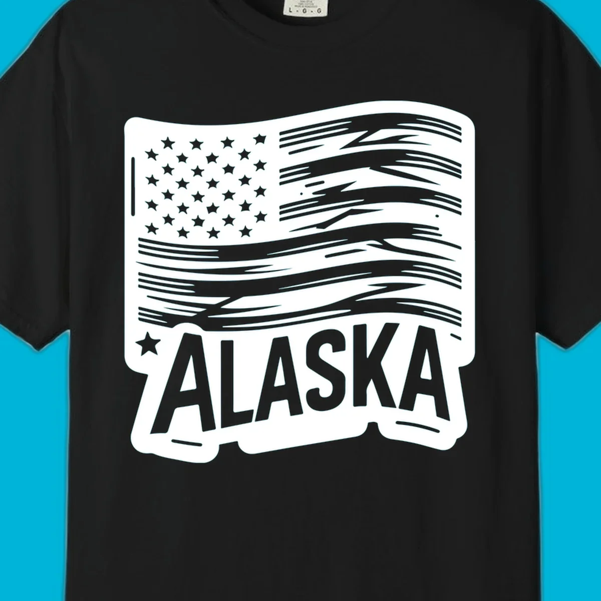 A stylized, distressed alaska distressed flag badge design with stars on the left and wavy stripes, and 'ALASKA' text below.