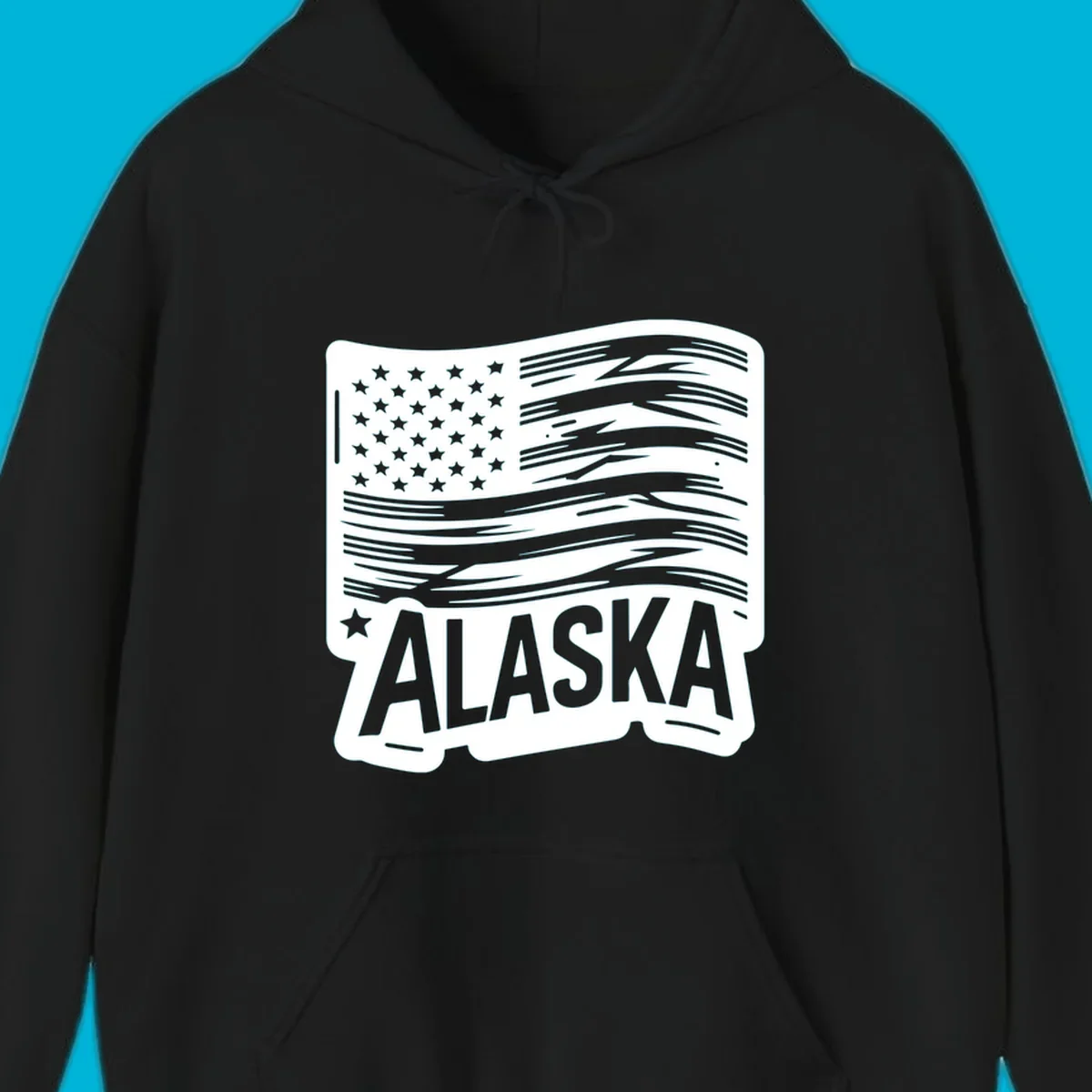 A stylized, distressed alaska distressed flag badge design with stars on the left and wavy stripes, and 'ALASKA' text below.