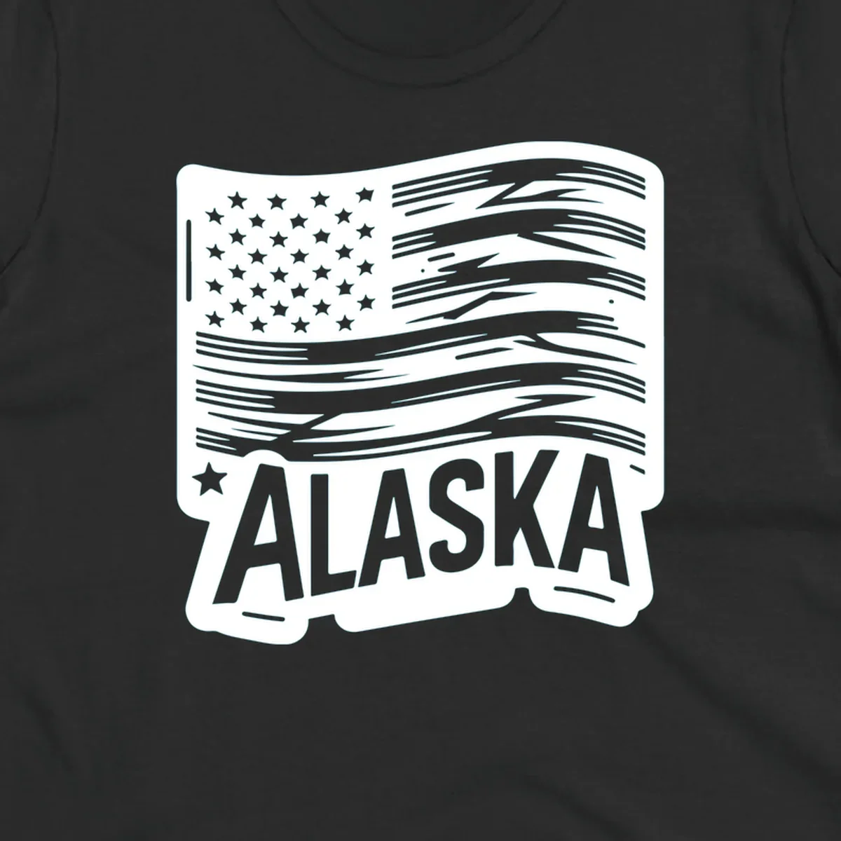 A stylized, distressed alaska distressed flag badge design with stars on the left and wavy stripes, and 'ALASKA' text below.