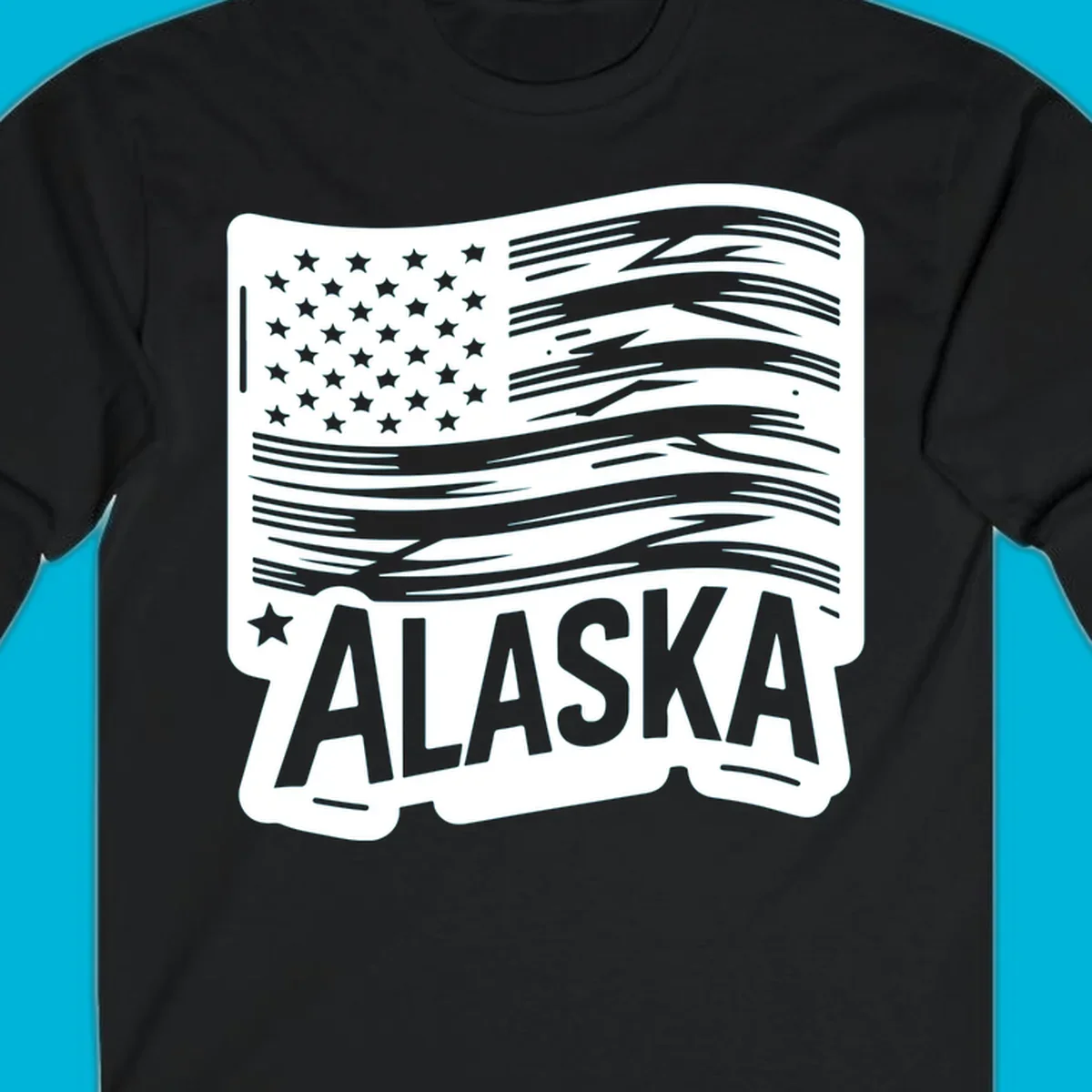 A stylized, distressed alaska distressed flag badge design with stars on the left and wavy stripes, and 'ALASKA' text below.